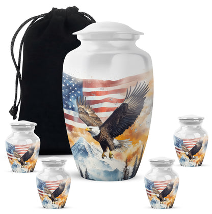 Sterling Silver Eagle Cremation Urn top-down view of secure threaded lid - timeless eagle motif etched into premium metal - memorial set with one large and four small urns
