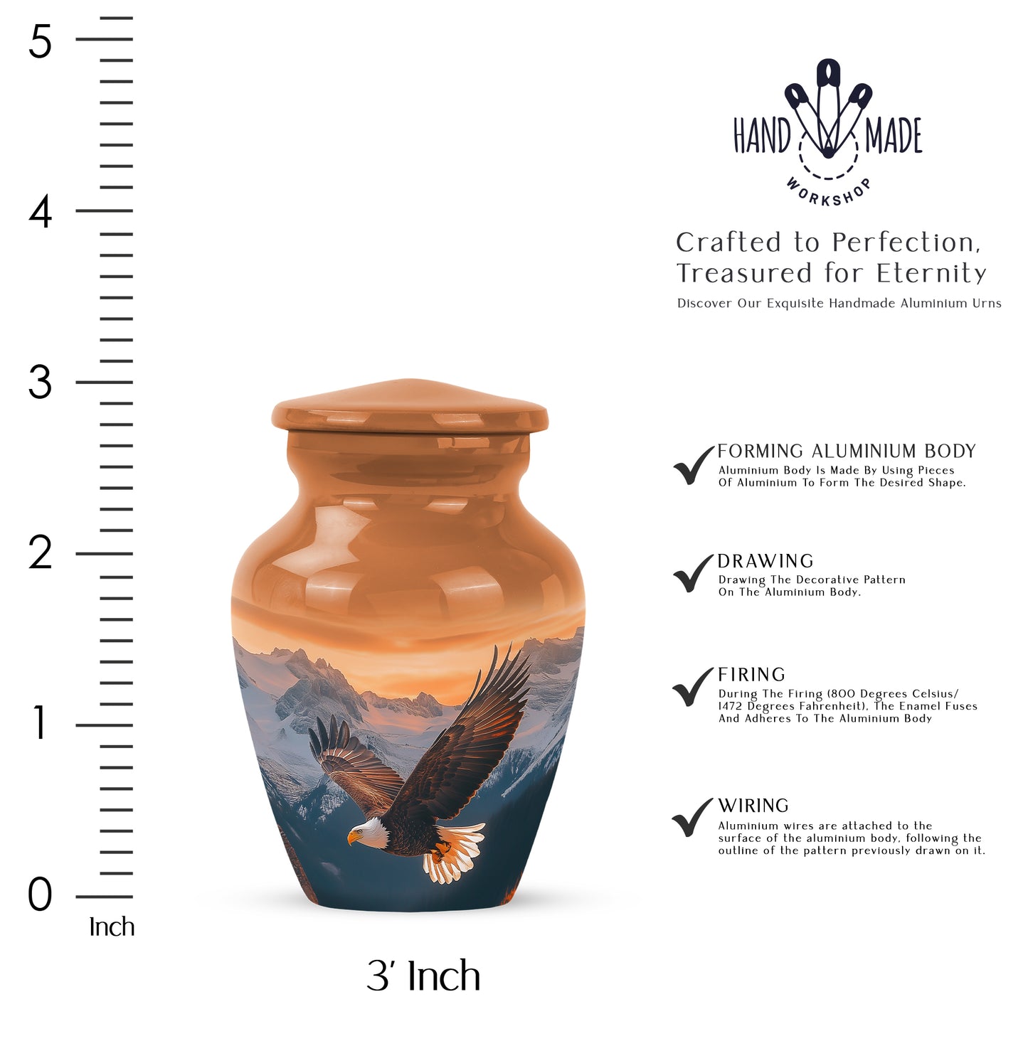 Royal Gold Eagle Cremation Urn close-up of engraving and surface detail - elegant classic eagle relief with fine detailing - mini keepsake memorial for portion of cremation ashes