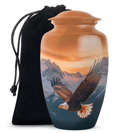 Amber Gold Eagle Cremation Urn angled view of lid and engraved motif - classic sculpted eagle pattern on smooth aluminum - full-size 10 inch 200 cubic inch adult cremation urn