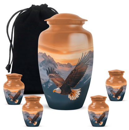 Harvest Gold Eagle Cremation Urn top-down view of secure threaded lid - elegant classic eagle relief with fine detailing - memorial set with one large and four small urns