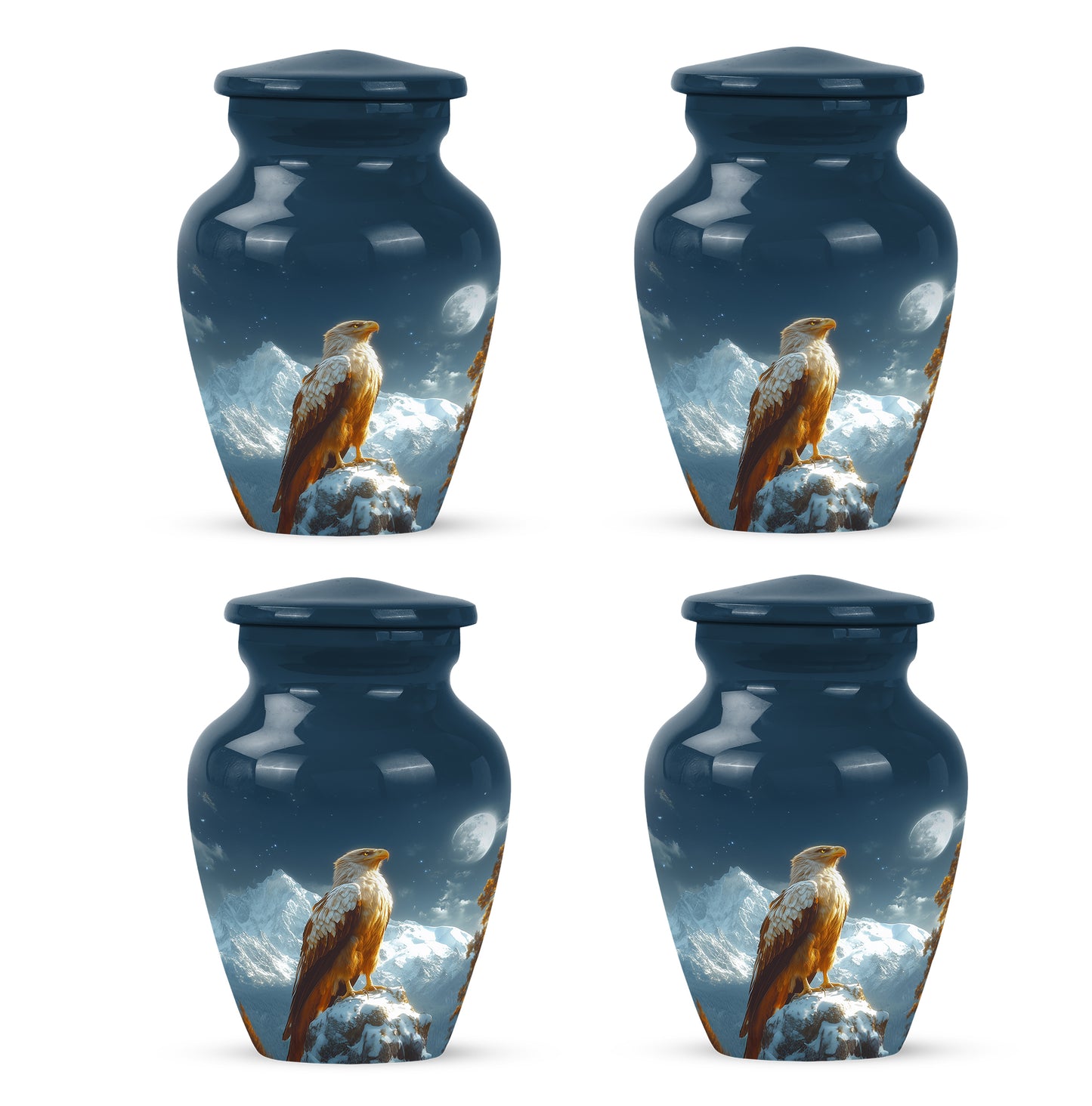 Calming Blue Eagle Cremation Urn side profile showing urn shape - traditional eagle engraving with hand-polished finish - 10 inch aluminum urn for cremated remains