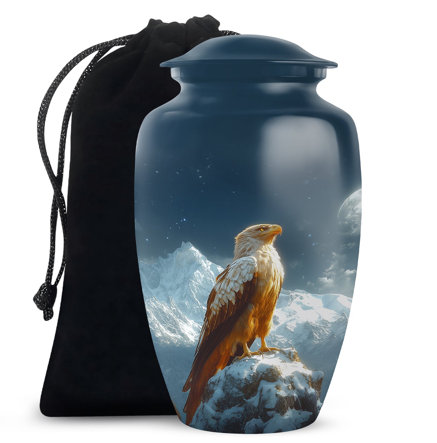 Steel Blue Eagle Cremation Urn angled view of lid and engraved motif - traditional eagle engraving with hand-polished finish - full-size 10 inch 200 cubic inch adult cremation urn