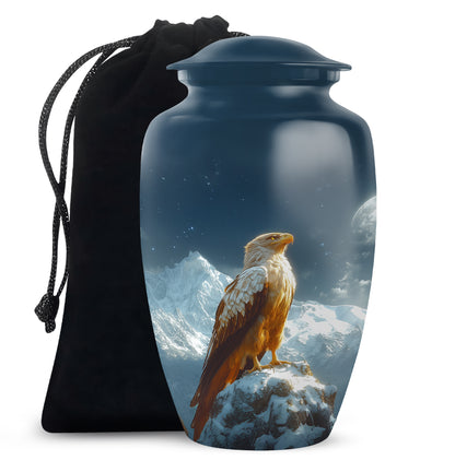 Steel Blue Eagle Cremation Urn angled view of lid and engraved motif - traditional eagle engraving with hand-polished finish - full-size 10 inch 200 cubic inch adult cremation urn