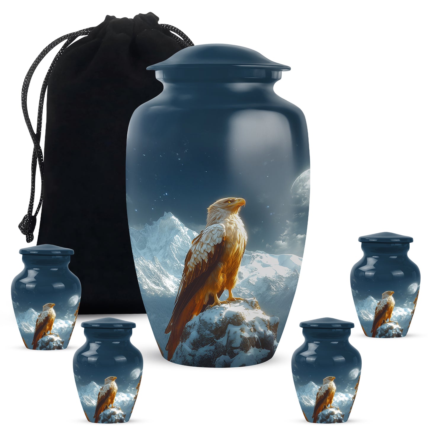 Bright Blue Eagle Cremation Urn top-down view of secure threaded lid - elegant classic eagle relief with fine detailing - memorial set with one large and four small urns