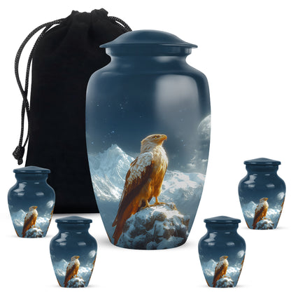 Bright Blue Eagle Cremation Urn top-down view of secure threaded lid - elegant classic eagle relief with fine detailing - memorial set with one large and four small urns