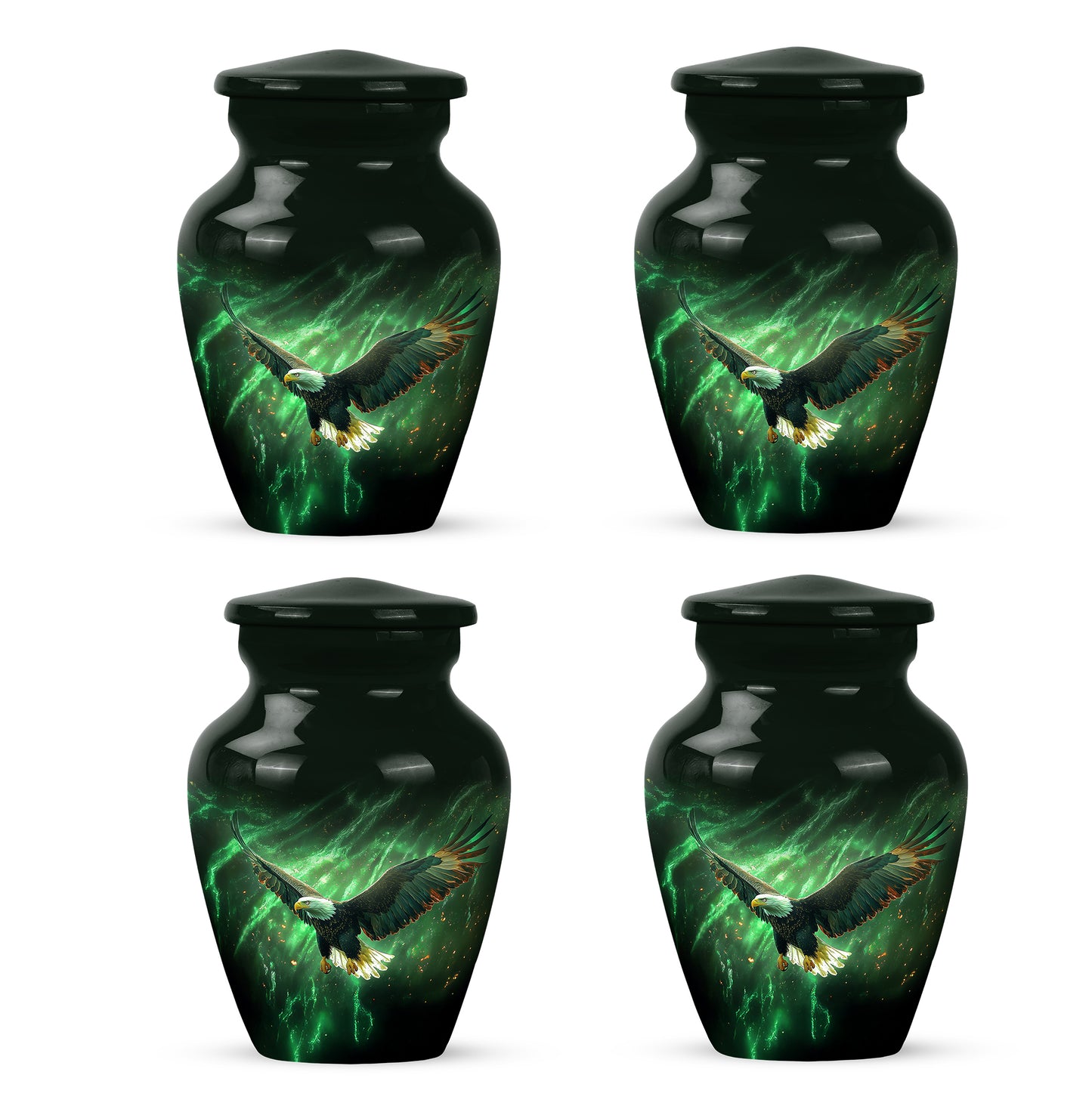 Hunter Green Eagle Cremation Urn side profile showing urn shape - traditional eagle engraving with hand-polished finish - 10 inch aluminum urn for cremated remains