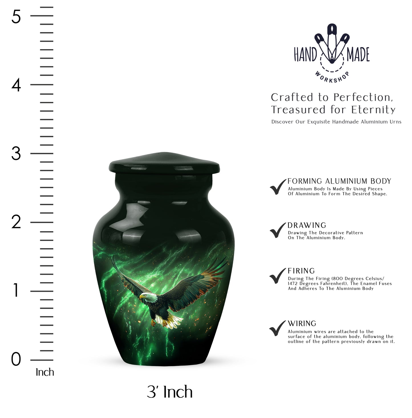 Moss Green Eagle Cremation Urn close-up of engraving and surface detail - timeless eagle motif etched into premium metal - mini keepsake memorial for portion of cremation ashes