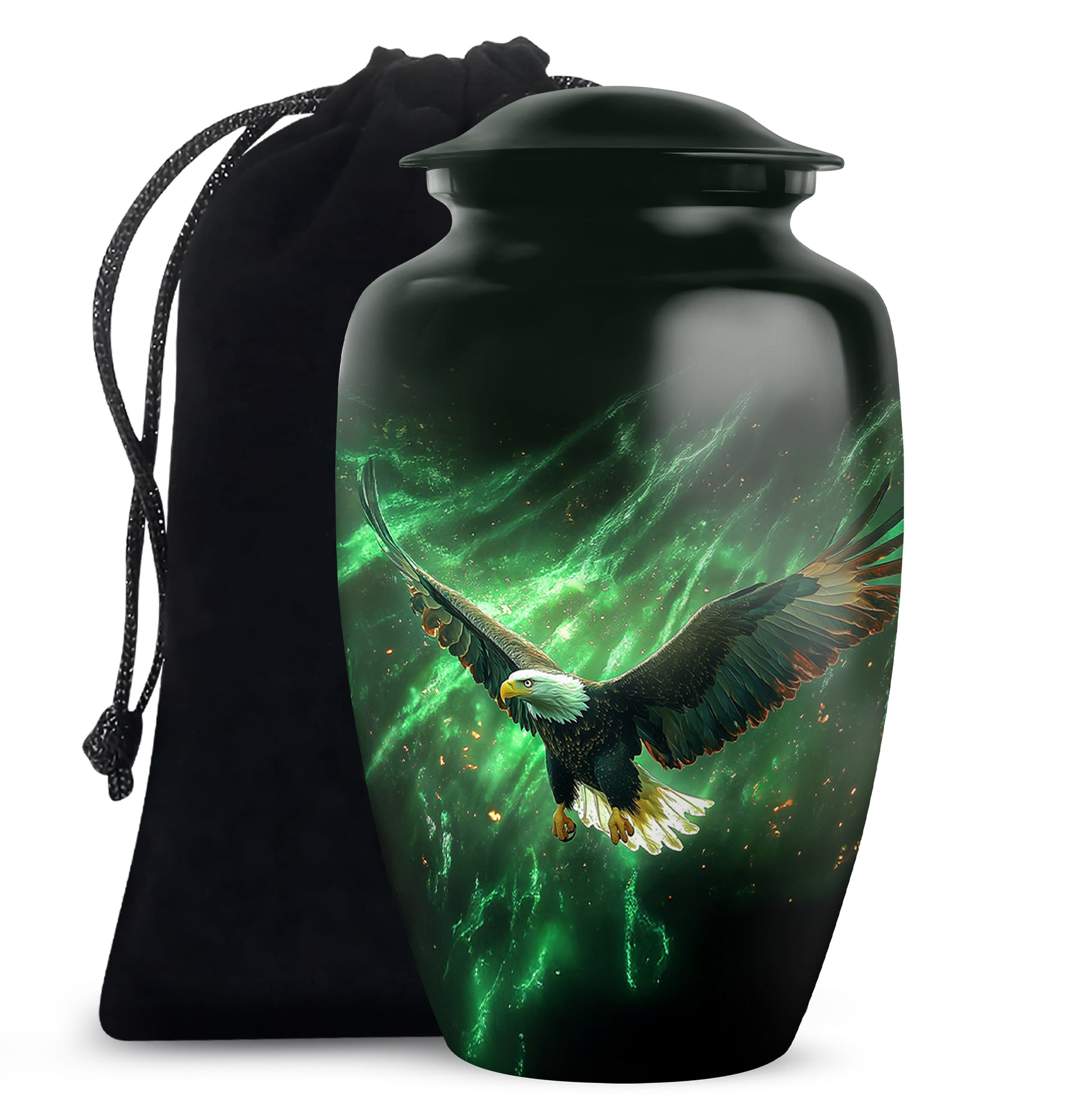 Moss Green Eagle Cremation Urn angled view of lid and engraved motif - timeless eagle motif etched into premium metal - full-size 10 inch 200 cubic inch adult cremation urn