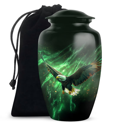 Moss Green Eagle Cremation Urn angled view of lid and engraved motif - timeless eagle motif etched into premium metal - full-size 10 inch 200 cubic inch adult cremation urn