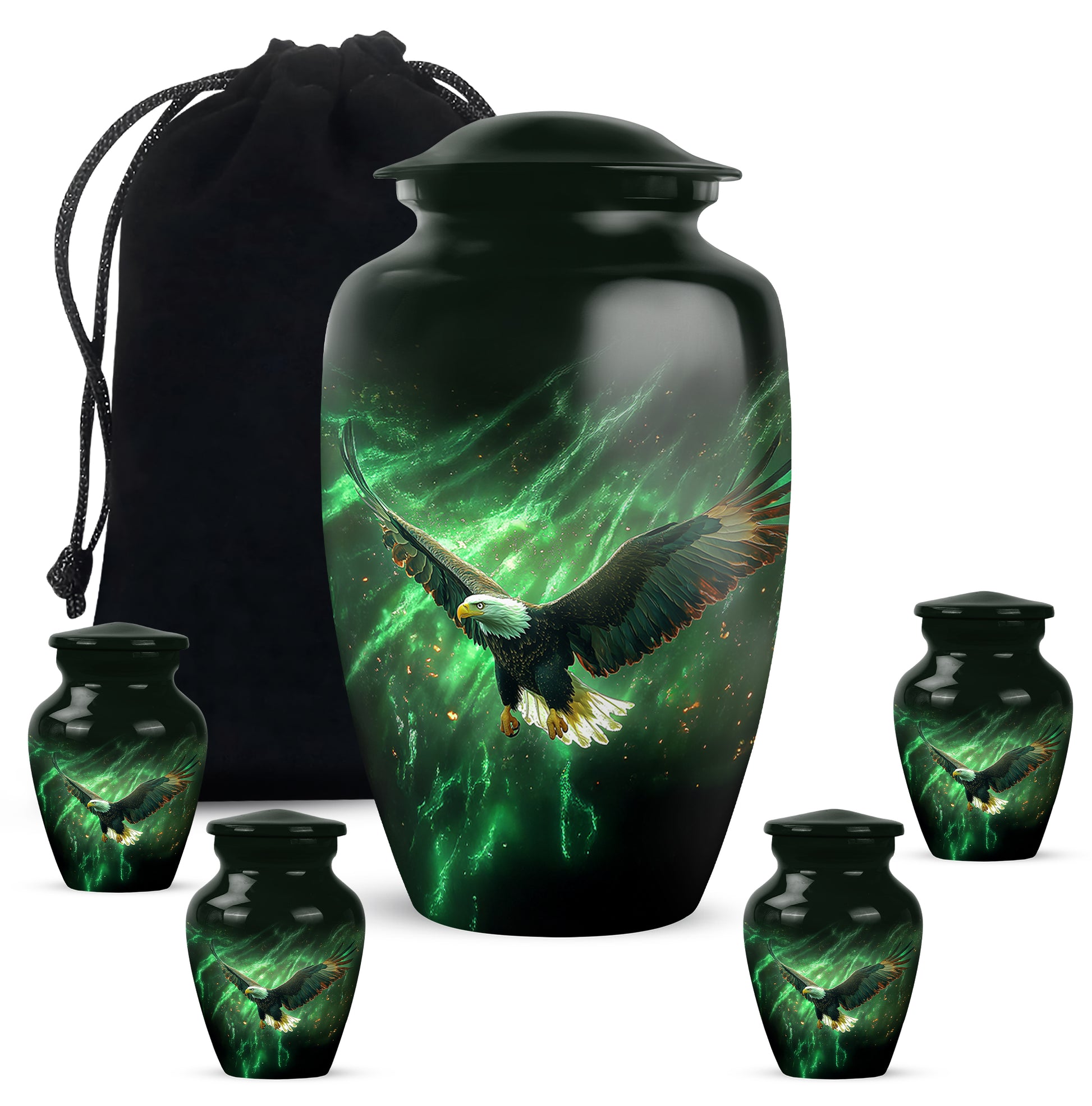 Mint Green Eagle Cremation Urn top-down view of secure threaded lid - traditional eagle engraving with hand-polished finish - memorial set with one large and four small urns