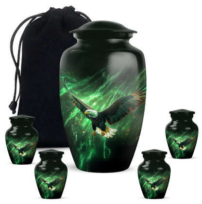 Mint Green Eagle Cremation Urn top-down view of secure threaded lid - traditional eagle engraving with hand-polished finish - memorial set with one large and four small urns