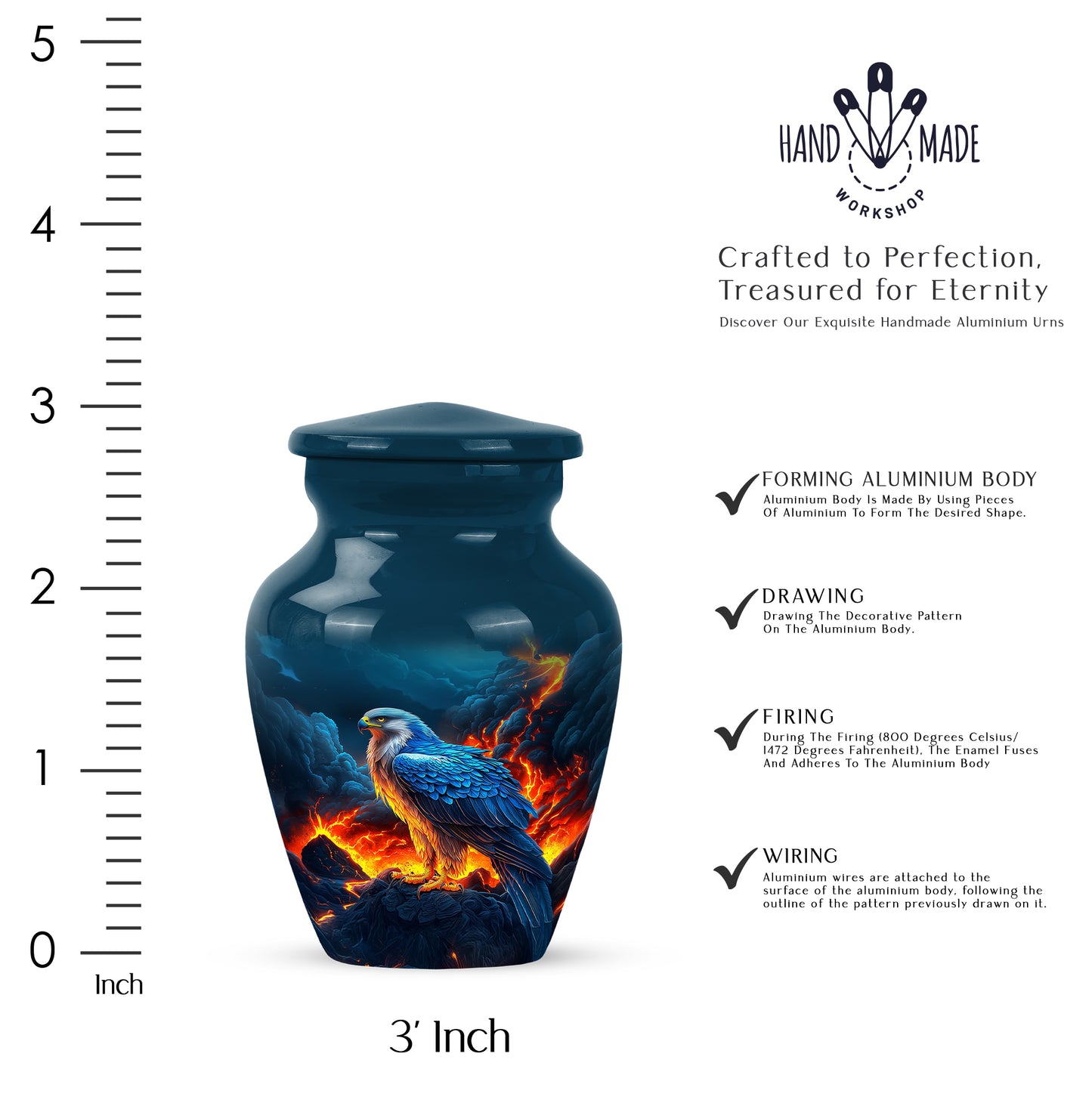 Slate Blue Eagle Cremation Urn close-up of engraving and surface detail - classic sculpted eagle pattern on smooth aluminum - mini keepsake memorial for portion of cremation ashes