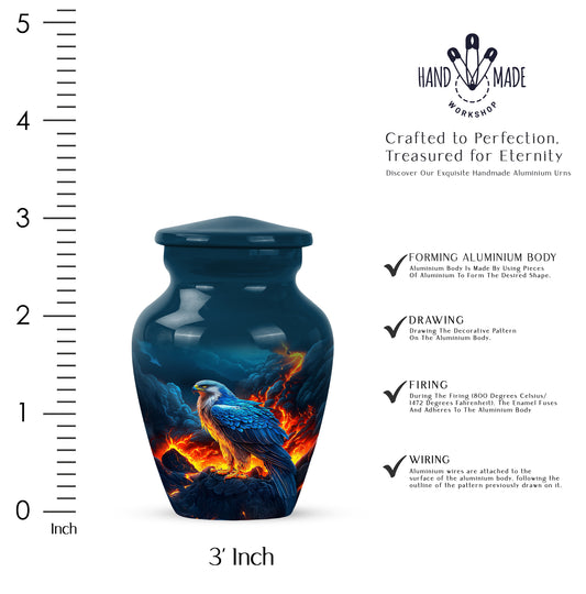 Slate Blue Eagle Cremation Urn close-up of engraving and surface detail - classic sculpted eagle pattern on smooth aluminum - mini keepsake memorial for portion of cremation ashes
