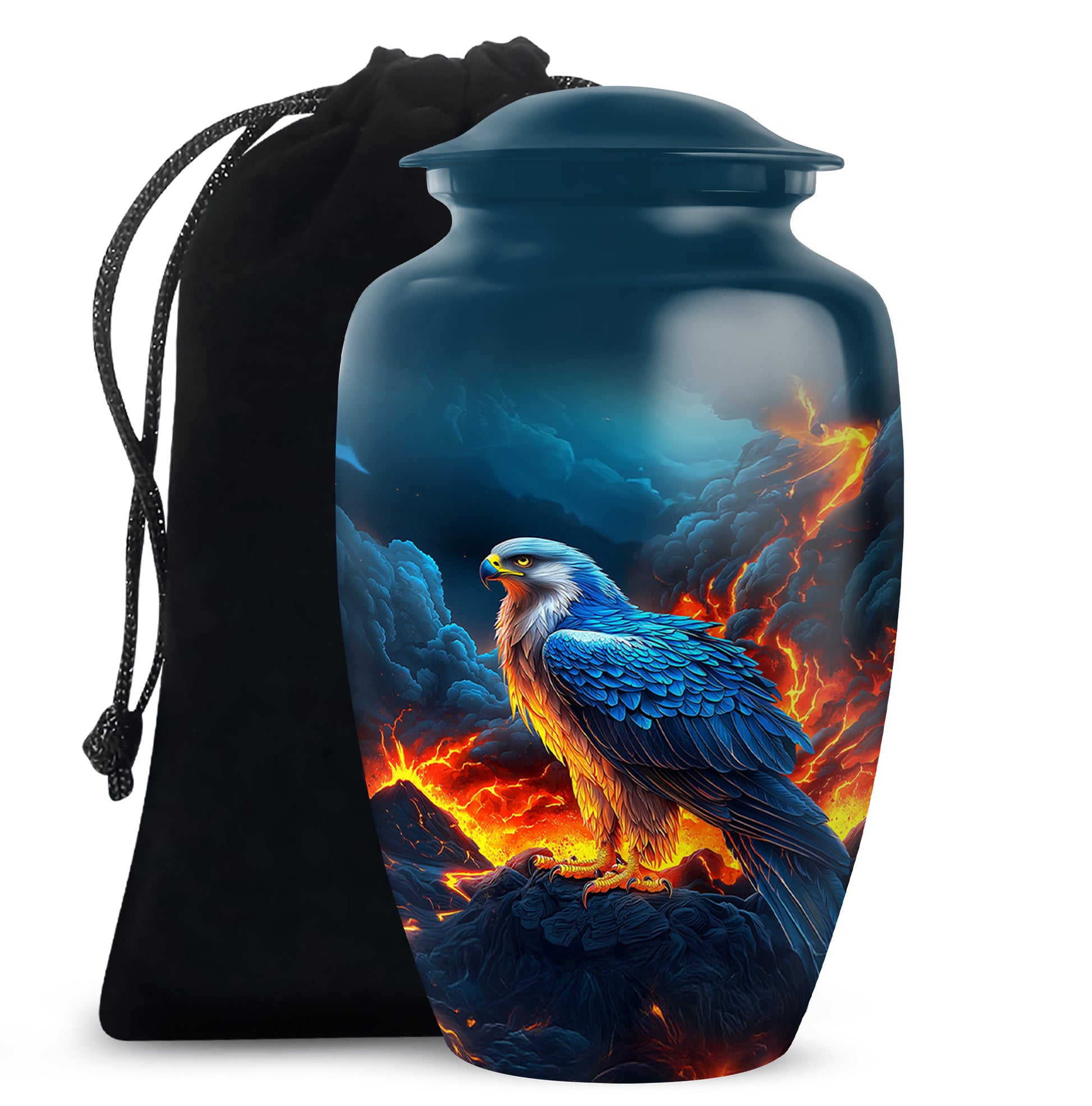 Slate Blue Eagle Cremation Urn angled view of lid and engraved motif - timeless eagle motif etched into premium metal - full-size 10 inch 200 cubic inch adult cremation urn