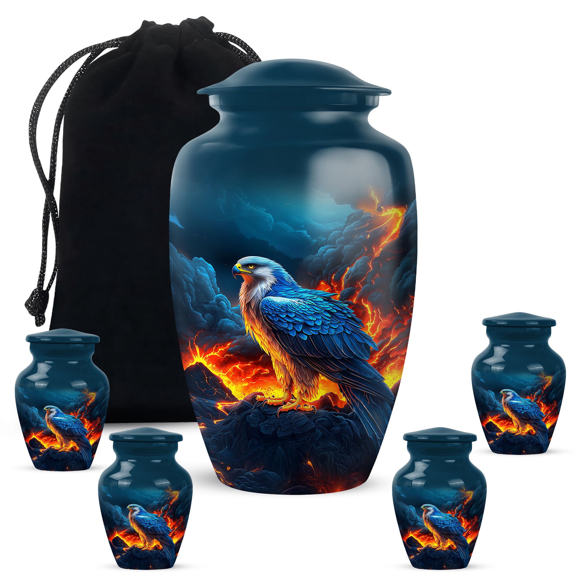 Celestial Blue Eagle Cremation Urn top-down view of secure threaded lid - classic sculpted eagle pattern on smooth aluminum - memorial set with one large and four small urns