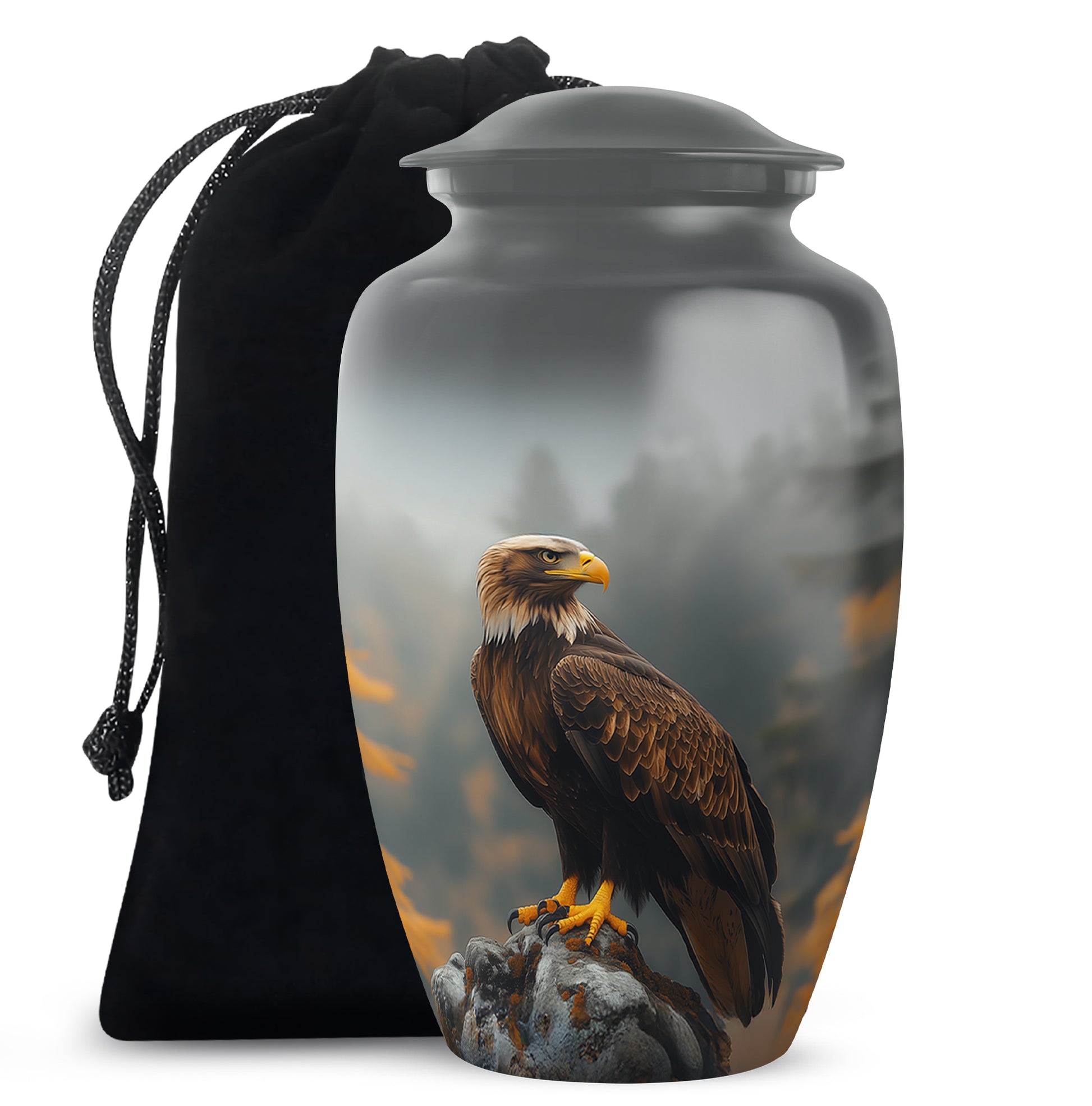 Charcoal Black Eagle Cremation Urn angled view of lid and engraved motif - elegant classic eagle relief with fine detailing - full-size 10 inch 200 cubic inch adult cremation urn