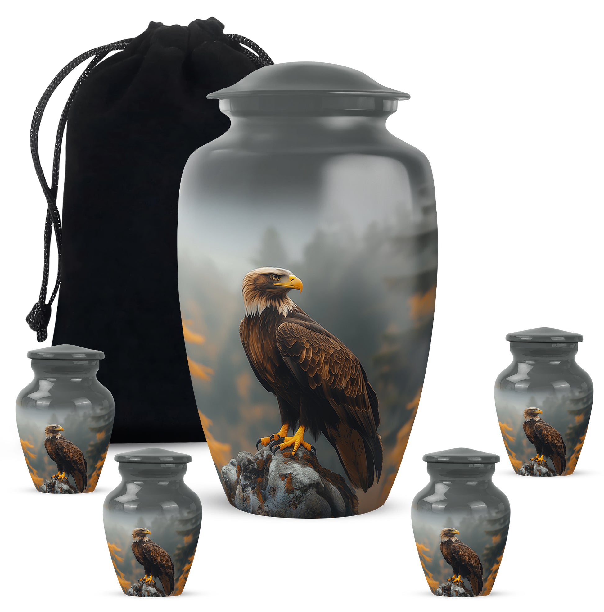Obsidian Black Eagle Cremation Urn top-down view of secure threaded lid - elegant classic eagle relief with fine detailing - memorial set with one large and four small urns