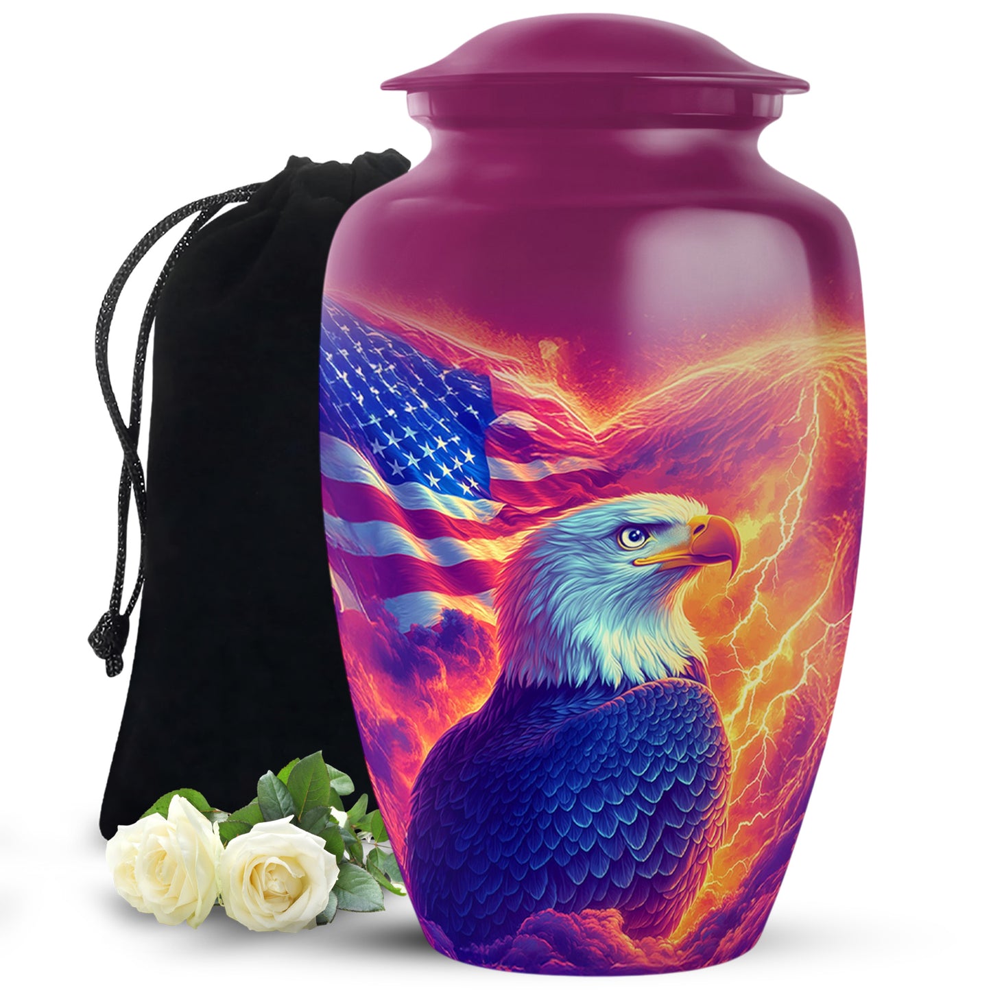 Peony Pink Eagle Cremation Urn angled view of lid and engraved motif - classic sculpted eagle pattern on smooth aluminum - full-size 10 inch 200 cubic inch adult cremation urn