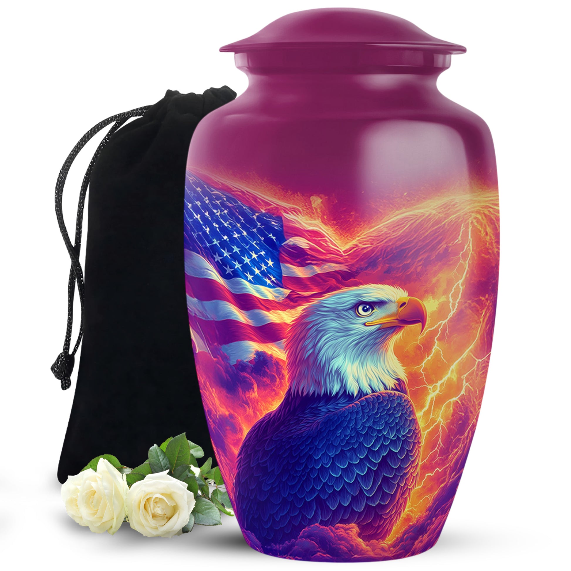 Peony Pink Eagle Cremation Urn angled view of lid and engraved motif - classic sculpted eagle pattern on smooth aluminum - full-size 10 inch 200 cubic inch adult cremation urn