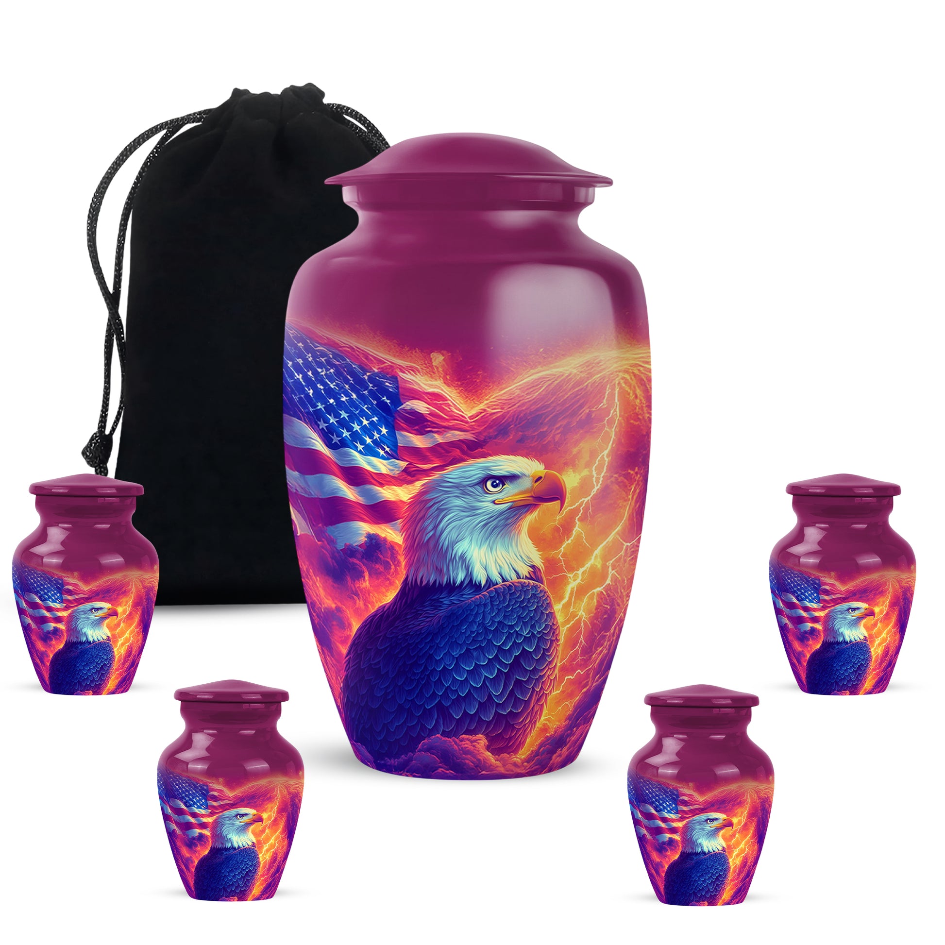 Peony Pink Eagle Cremation Urn top-down view of secure threaded lid - timeless eagle motif etched into premium metal - memorial set with one large and four small urns