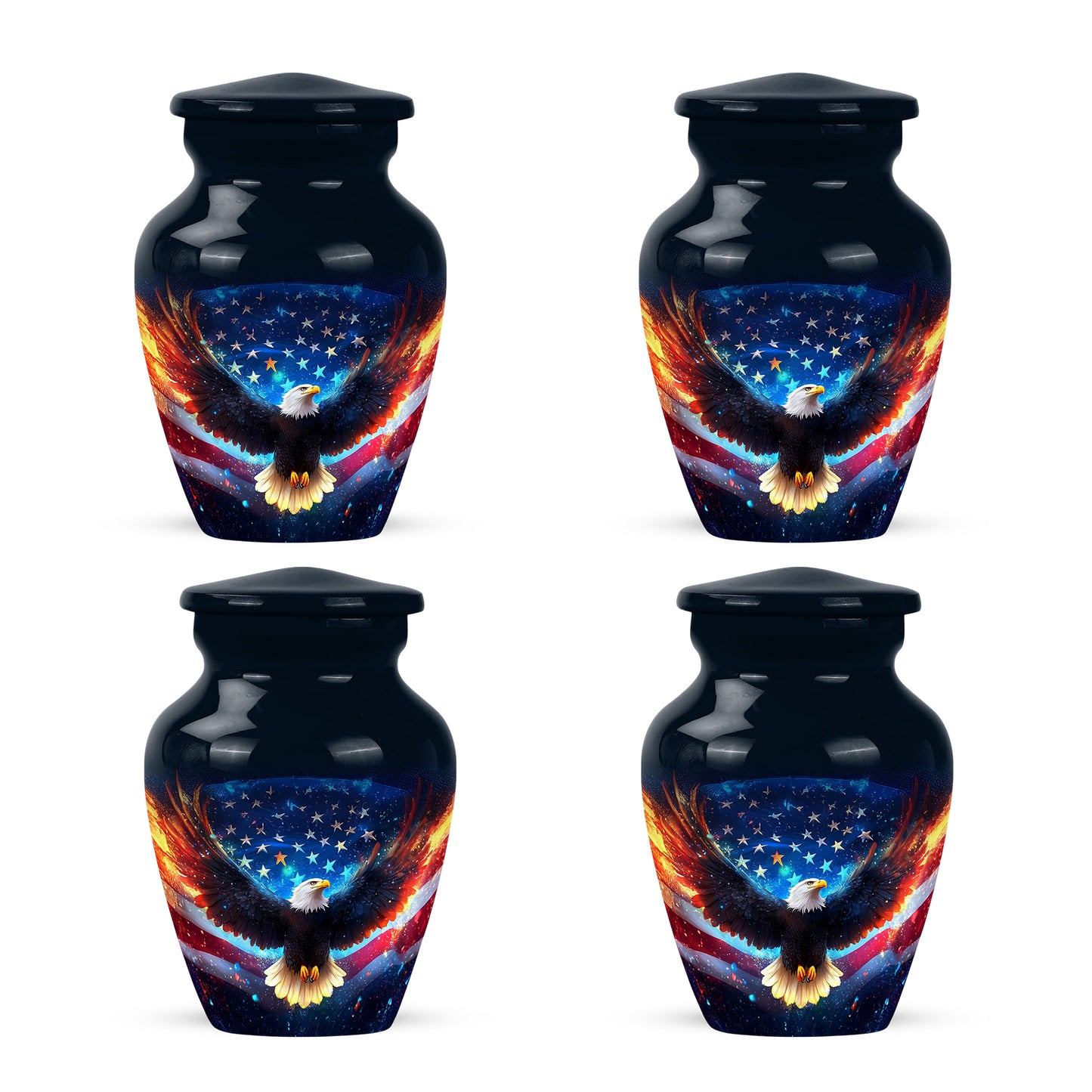 Ebony Eagle Cremation Urn side profile showing urn shape - classic sculpted eagle pattern on smooth aluminum - 10 inch aluminum urn for cremated remains