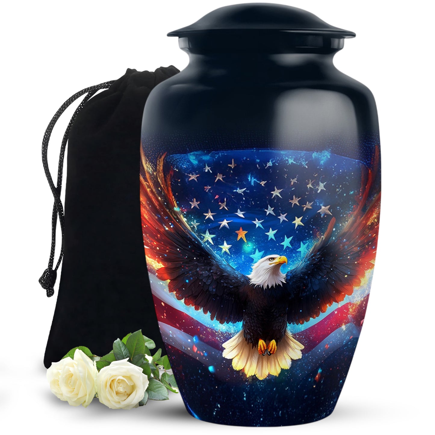 Glossy Black Eagle Cremation Urn angled view of lid and engraved motif - timeless eagle motif etched into premium metal - full-size 10 inch 200 cubic inch adult cremation urn