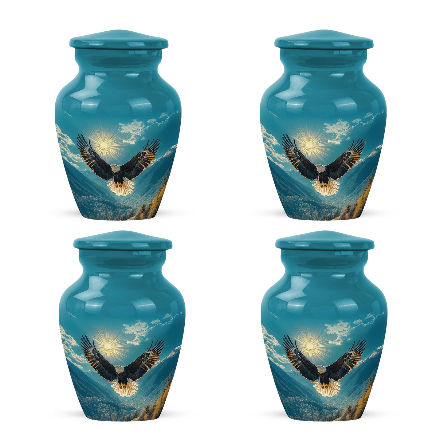 Ocean Teal Eagle Cremation Urn side profile showing urn shape - classic sculpted eagle pattern on smooth aluminum - 10 inch aluminum urn for cremated remains
