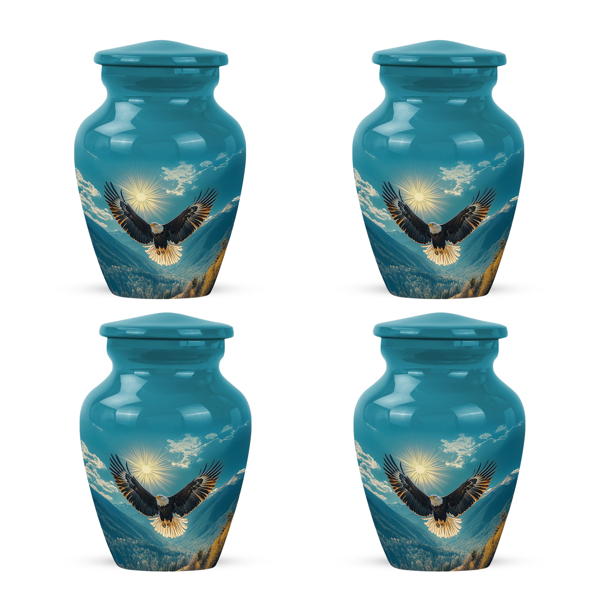 Ocean Teal Eagle Cremation Urn side profile showing urn shape - classic sculpted eagle pattern on smooth aluminum - 10 inch aluminum urn for cremated remains
