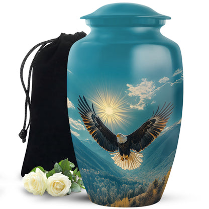 Aqua Teal Eagle Cremation Urn angled view of lid and engraved motif - elegant classic eagle relief with fine detailing - full-size 10 inch 200 cubic inch adult cremation urn