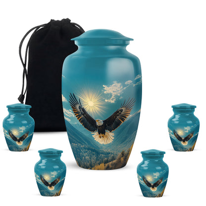 Soft Teal Eagle Cremation Urn top-down view of secure threaded lid - classic sculpted eagle pattern on smooth aluminum - memorial set with one large and four small urns