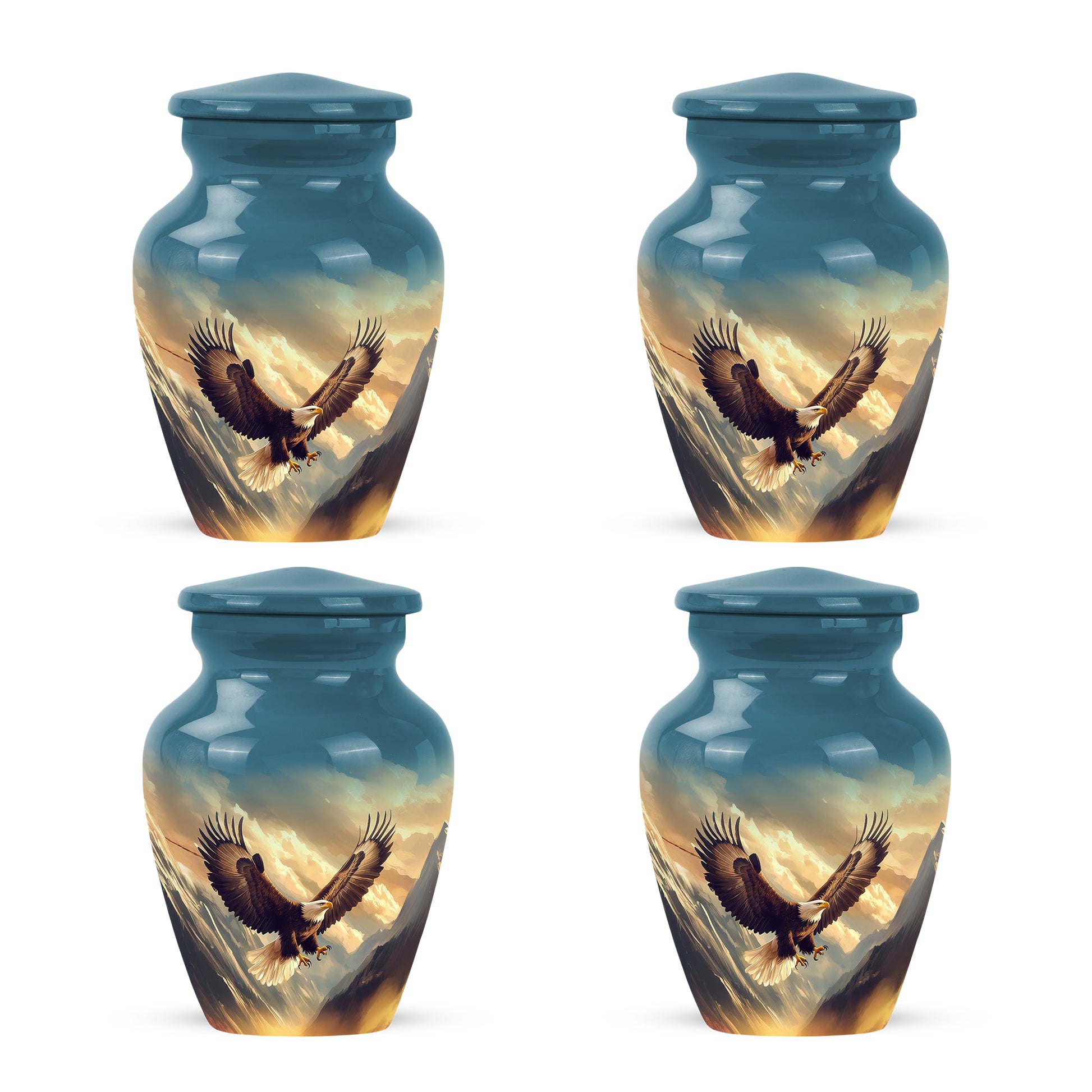 Cobalt Blue Eagle Cremation Urn side profile showing urn shape - traditional eagle engraving with hand-polished finish - 10 inch aluminum urn for cremated remains