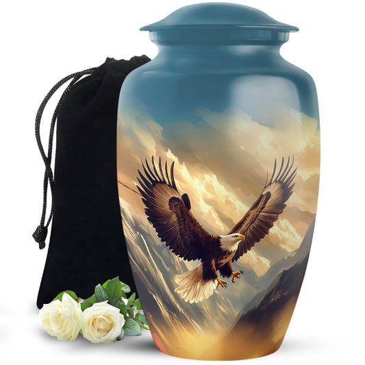 Sapphire Blue Eagle Cremation Urn angled view of lid and engraved motif - elegant classic eagle relief with fine detailing - full-size 10 inch 200 cubic inch adult cremation urn