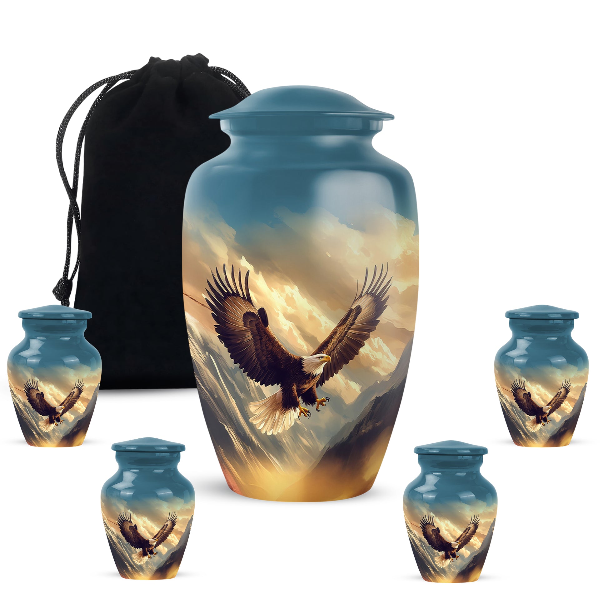 Cornflower Blue Eagle Cremation Urn top-down view of secure threaded lid - traditional eagle engraving with hand-polished finish - memorial set with one large and four small urns