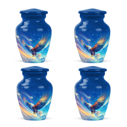 Cornflower Blue Eagle Cremation Urn side profile showing urn shape - traditional eagle engraving with hand-polished finish - 10 inch aluminum urn for cremated remains