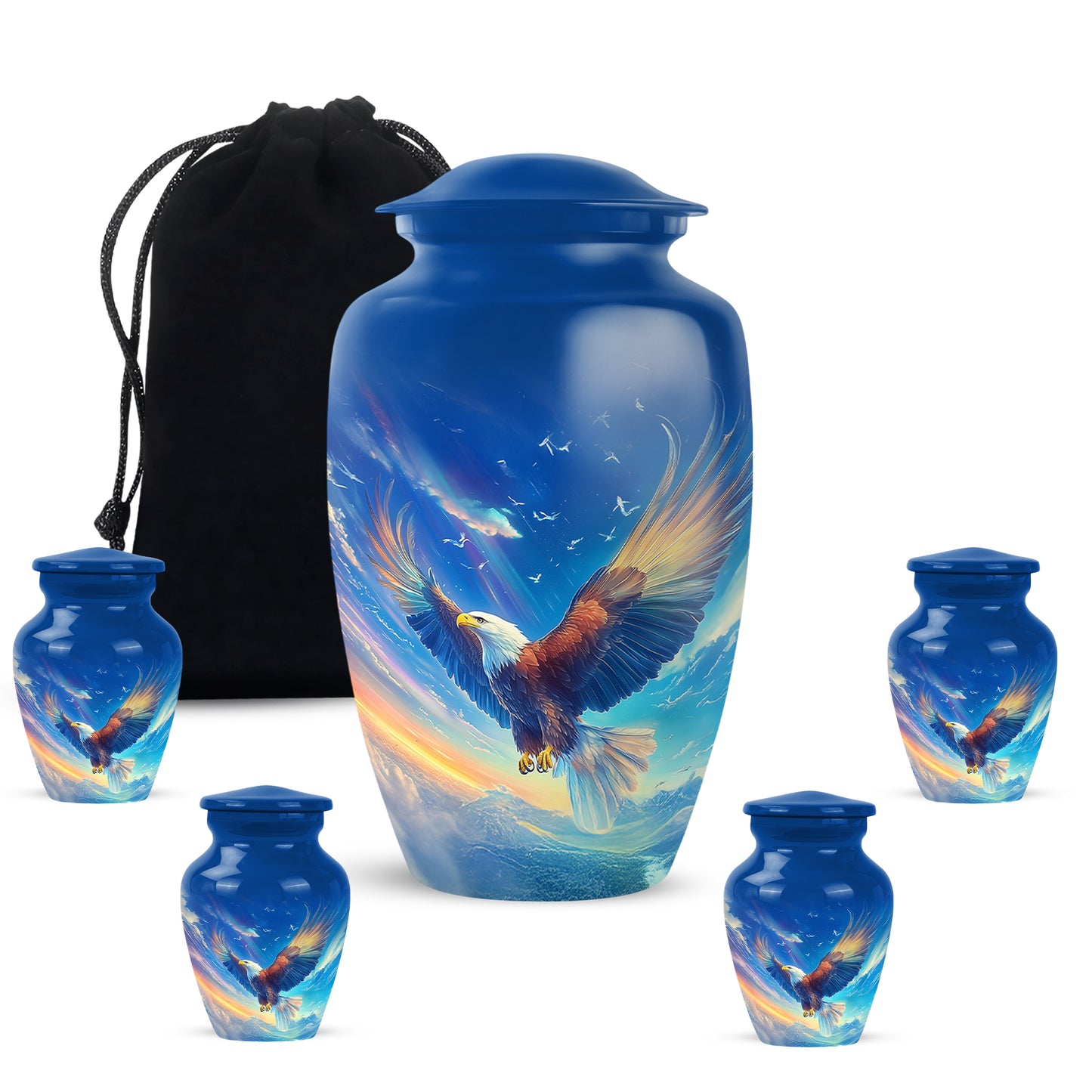 Royal Blue Eagle Cremation Urn top-down view of secure threaded lid - elegant classic eagle relief with fine detailing - memorial set with one large and four small urns