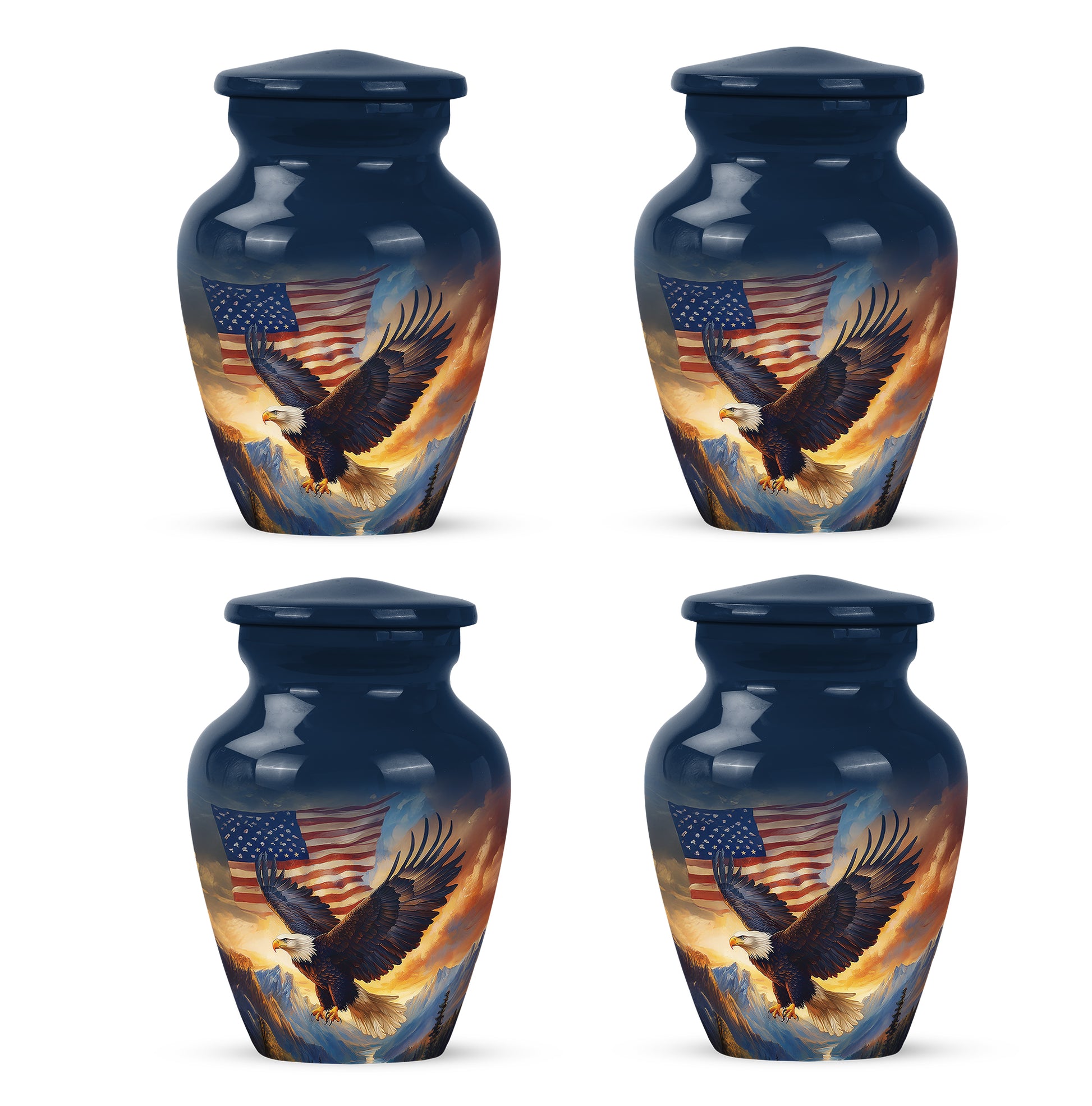 Soft Blue Eagle Cremation Urn side profile showing urn shape - elegant classic eagle relief with fine detailing - 10 inch aluminum urn for cremated remains