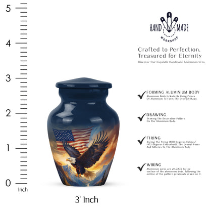 Navy Blue Eagle Cremation Urn close-up of engraving and surface detail - classic sculpted eagle pattern on smooth aluminum - mini keepsake memorial for portion of cremation ashes