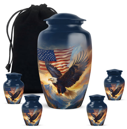 Indigo Eagle Cremation Urn top-down view of secure threaded lid - classic sculpted eagle pattern on smooth aluminum - memorial set with one large and four small urns