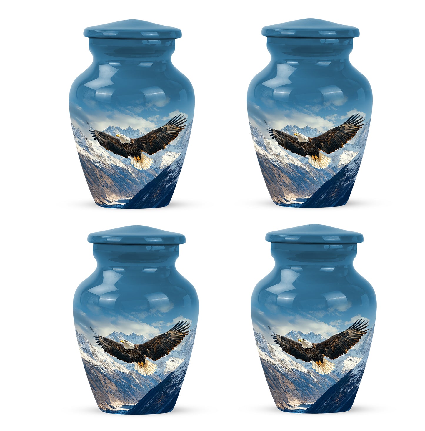 Steel Blue Eagle Cremation Urn side profile showing urn shape - elegant classic eagle relief with fine detailing - 10 inch aluminum urn for cremated remains