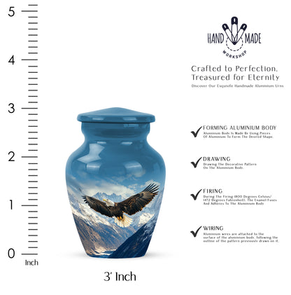 Serene Blue Eagle Cremation Urn close-up of engraving and surface detail - traditional eagle engraving with hand-polished finish - mini keepsake memorial for portion of cremation ashes