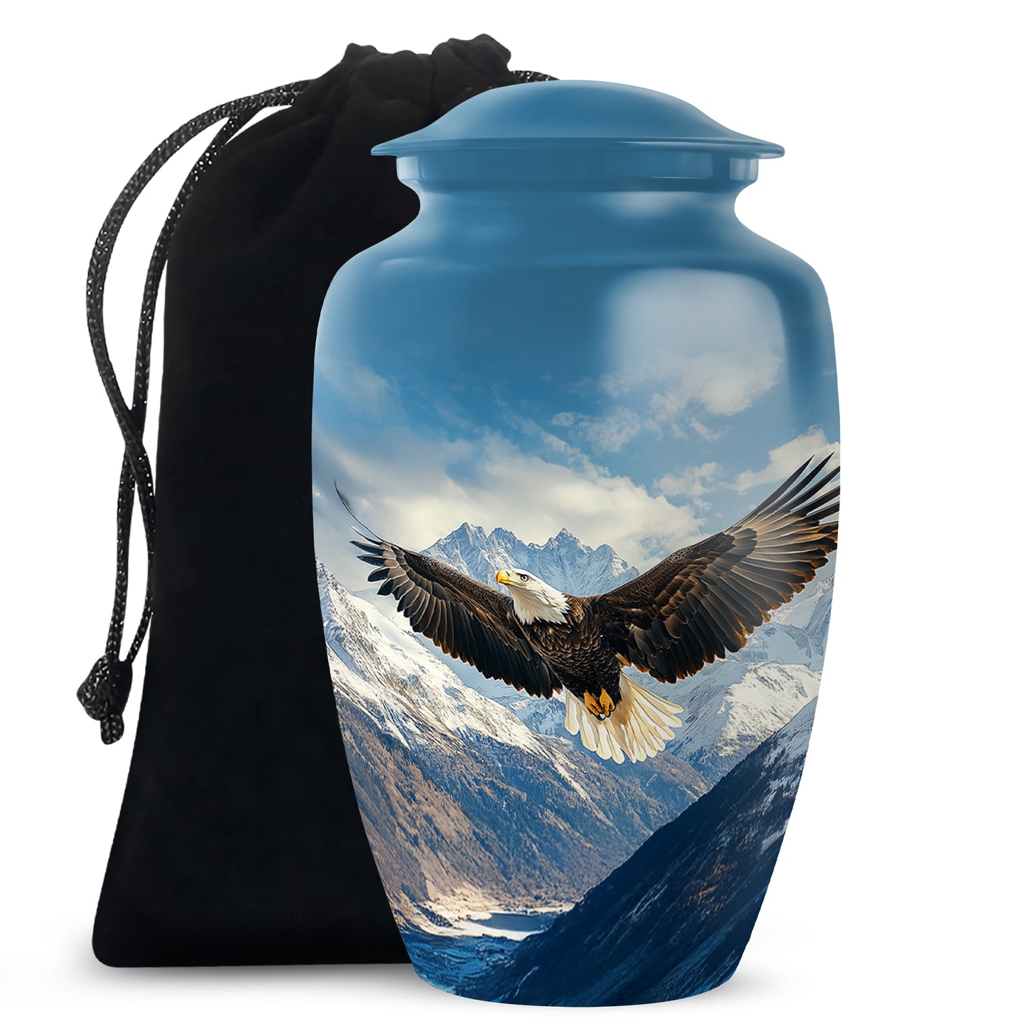 Vivid Blue Eagle Cremation Urn angled view of lid and engraved motif - elegant classic eagle relief with fine detailing - full-size 10 inch 200 cubic inch adult cremation urn