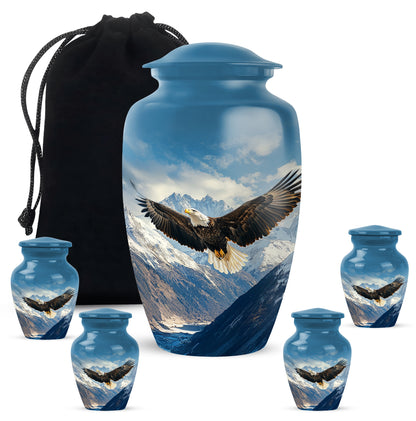 Bright Blue Eagle Cremation Urn top-down view of secure threaded lid - traditional eagle engraving with hand-polished finish - memorial set with one large and four small urns