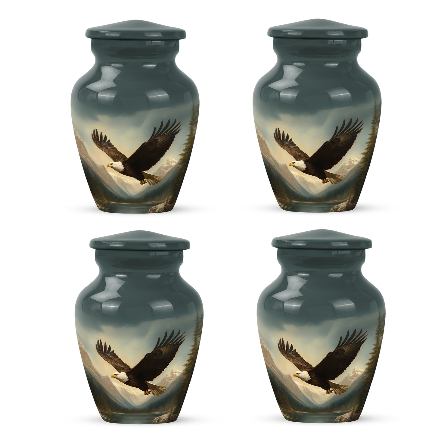 Rich Black Eagle Cremation Urn side profile showing urn shape - timeless eagle motif etched into premium metal - 10 inch aluminum urn for cremated remains