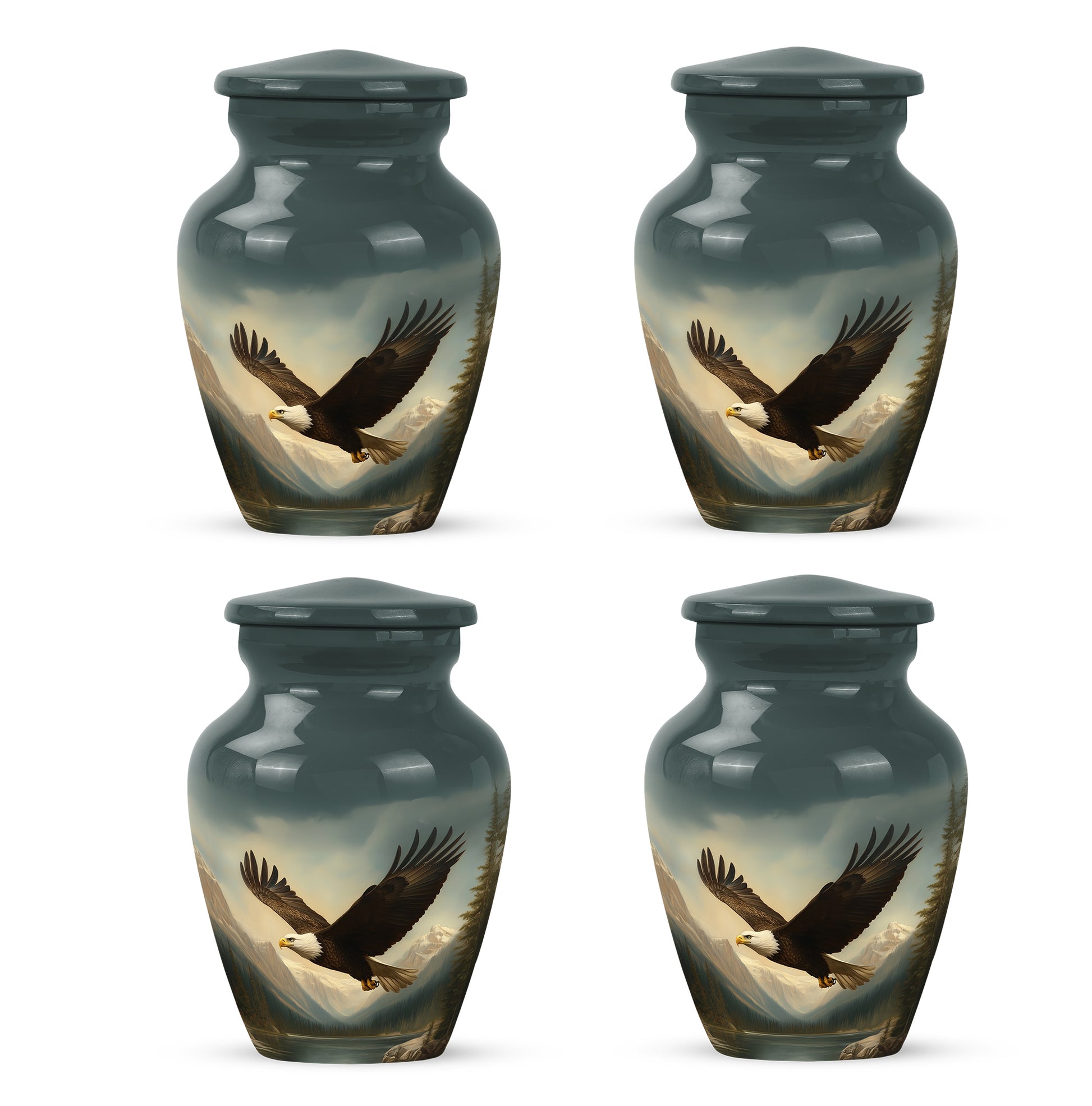 Rich Black Eagle Cremation Urn side profile showing urn shape - timeless eagle motif etched into premium metal - 10 inch aluminum urn for cremated remains