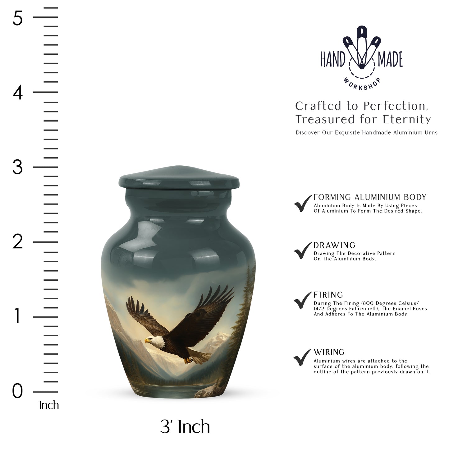 Dark Black Eagle Cremation Urn close-up of engraving and surface detail - traditional eagle engraving with hand-polished finish - mini keepsake memorial for portion of cremation ashes