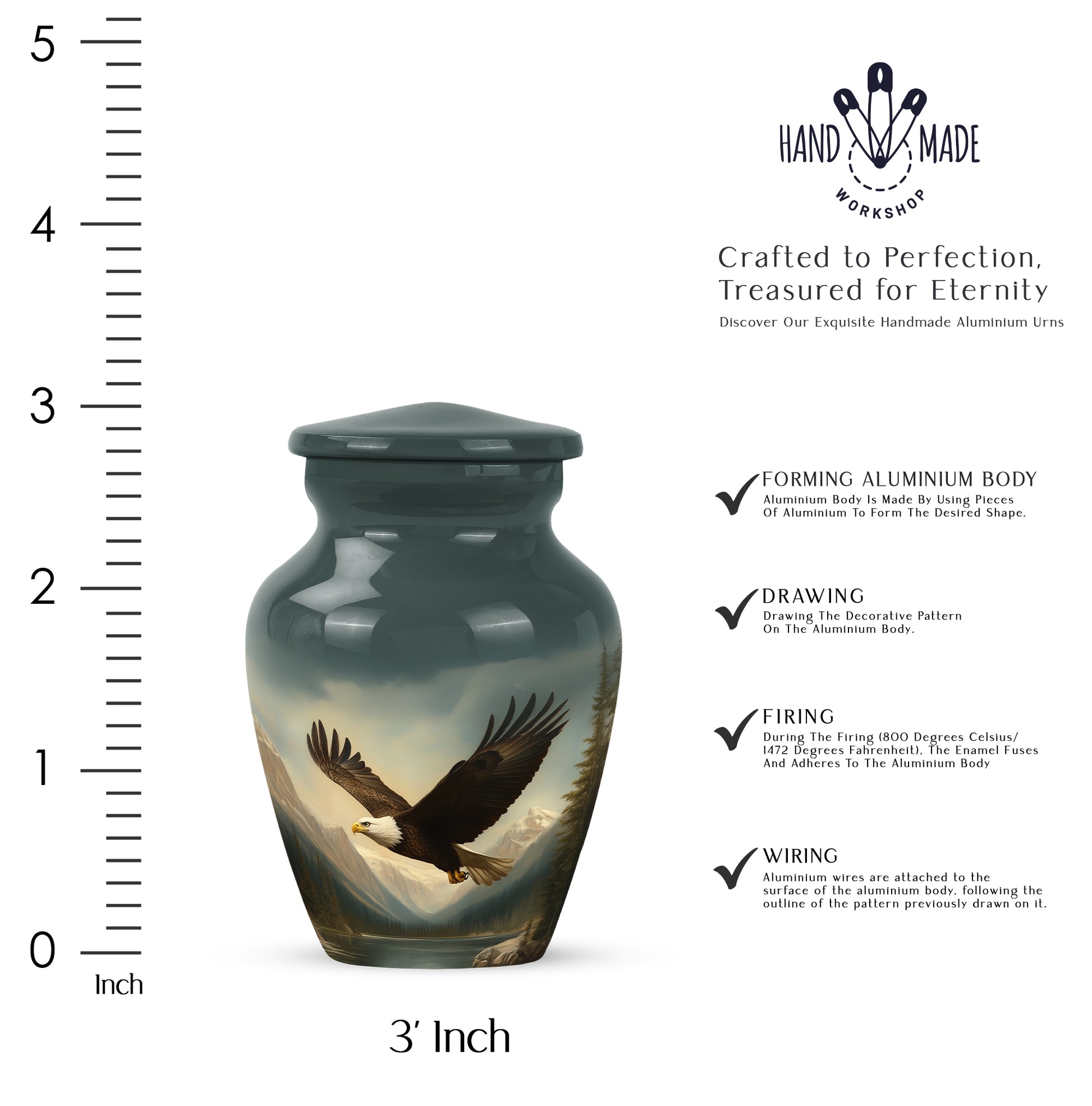 Dark Black Eagle Cremation Urn close-up of engraving and surface detail - traditional eagle engraving with hand-polished finish - mini keepsake memorial for portion of cremation ashes