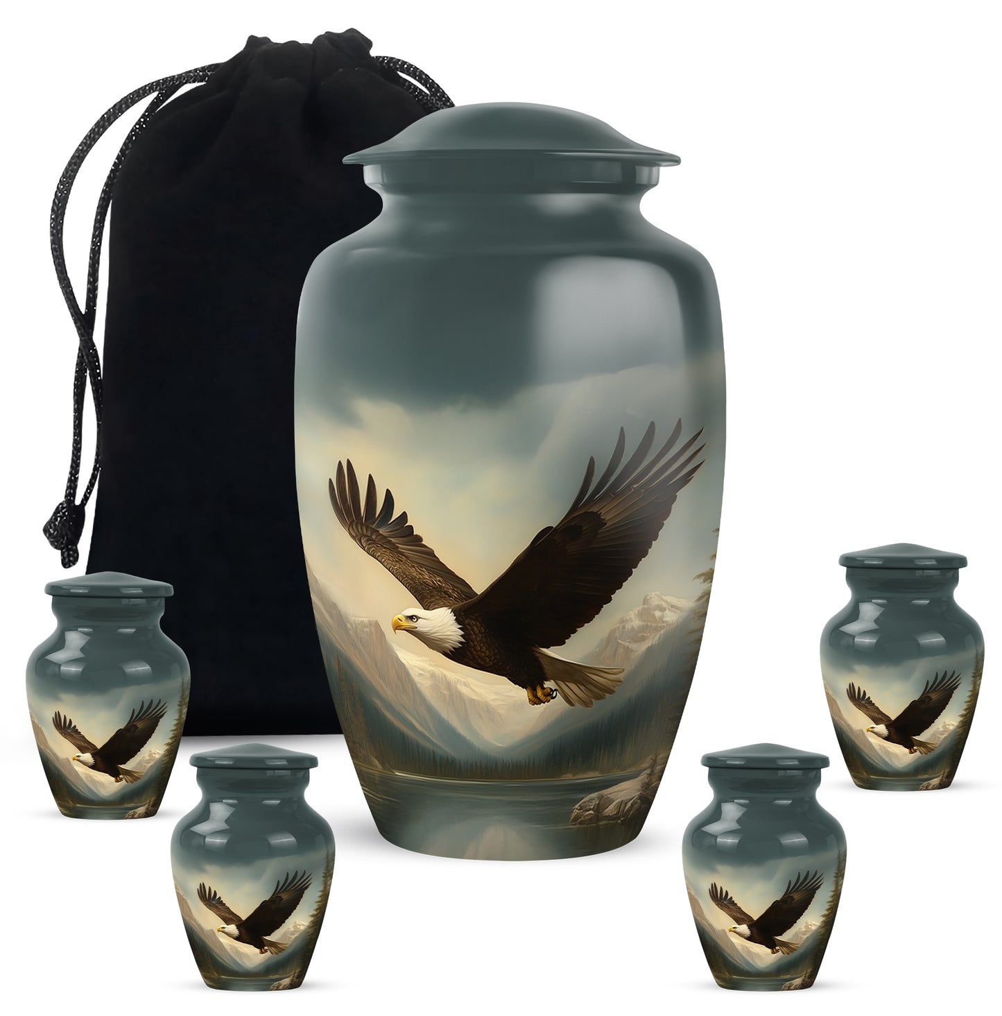 Deep Black Eagle Cremation Urn top-down view of secure threaded lid - timeless eagle motif etched into premium metal - memorial set with one large and four small urns