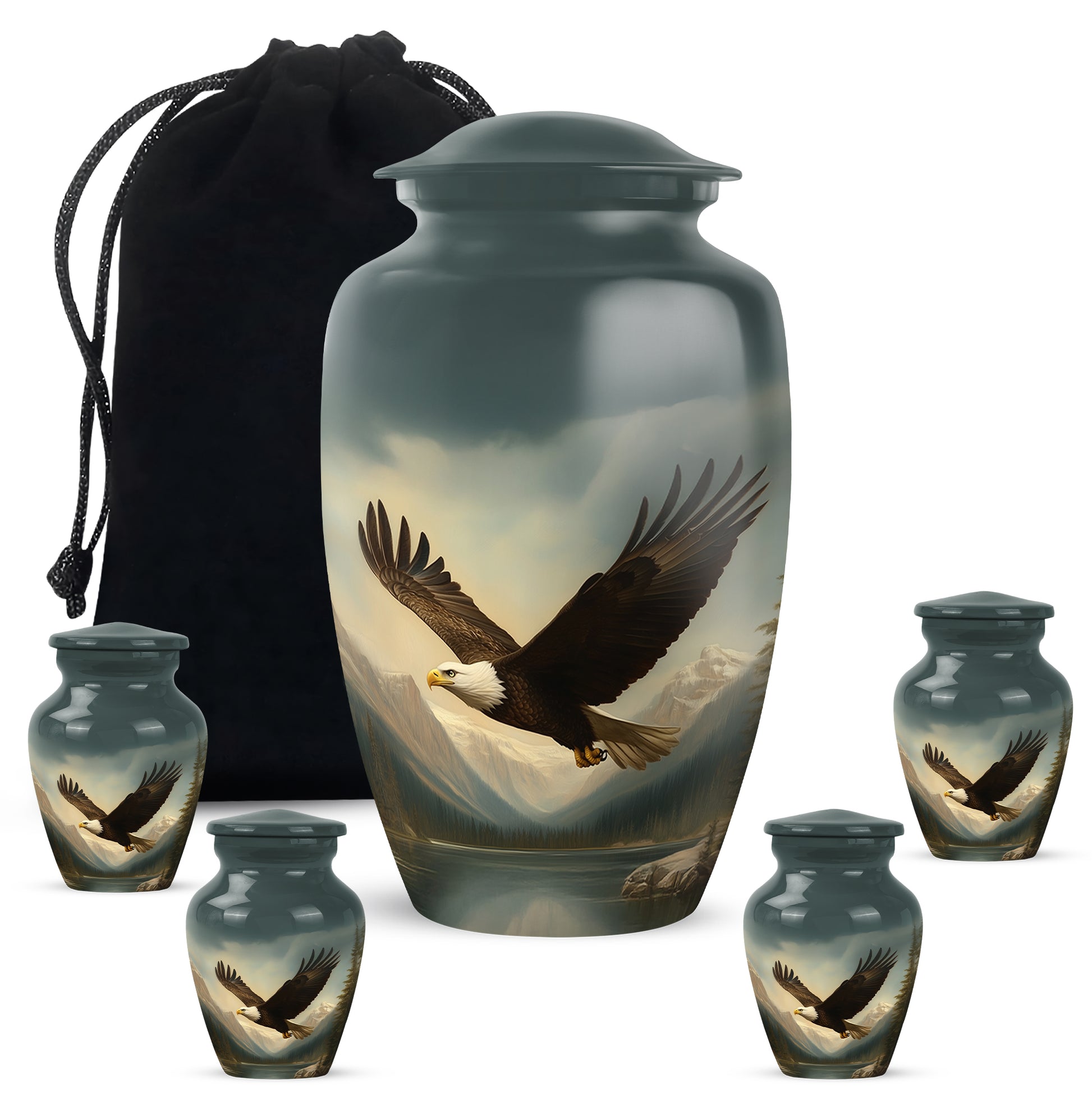 Deep Black Eagle Cremation Urn top-down view of secure threaded lid - timeless eagle motif etched into premium metal - memorial set with one large and four small urns