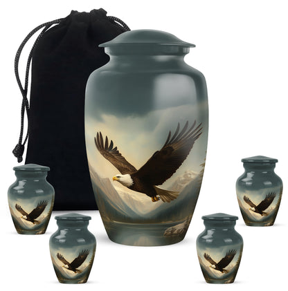 Deep Black Eagle Cremation Urn top-down view of secure threaded lid - timeless eagle motif etched into premium metal - memorial set with one large and four small urns