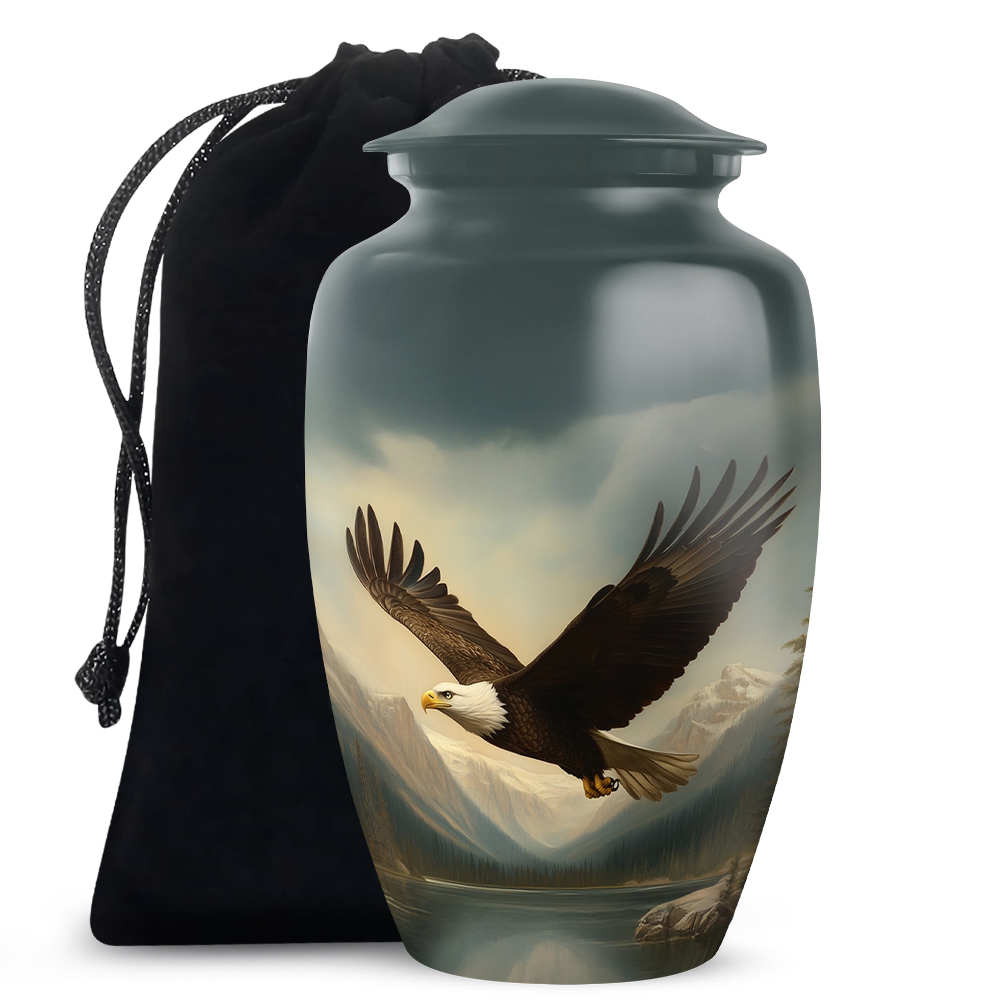 Jet Black Eagle Cremation Urn angled view of lid and engraved motif - timeless eagle motif etched into premium metal - full-size 10 inch 200 cubic inch adult cremation urn
